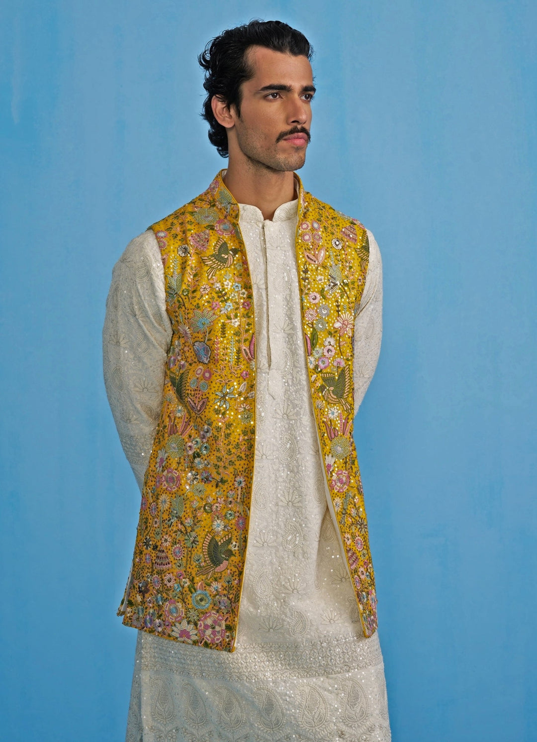 Yellow And White Embroidered Georgette Kurta Jacket Set Kalpraag - Fabilicious Fashion