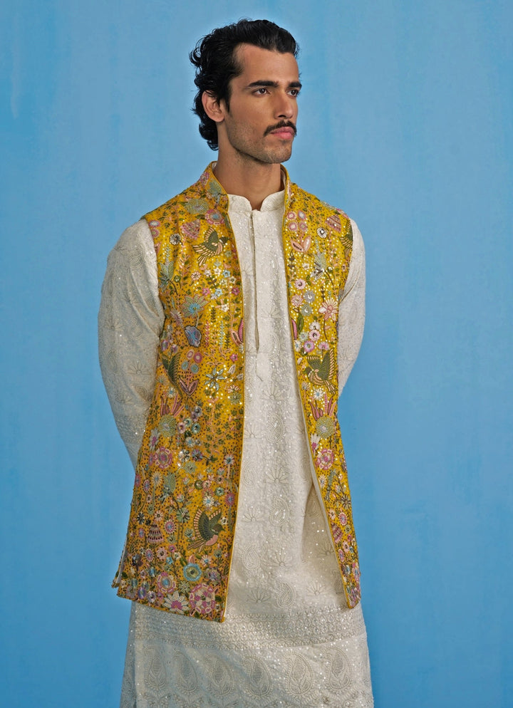 Yellow And White Embroidered Georgette Kurta Jacket Set Kalpraag - Fabilicious Fashion
