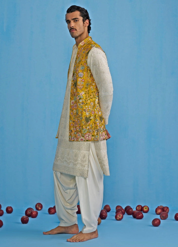 Yellow And White Embroidered Georgette Kurta Jacket Set Kalpraag - Fabilicious Fashion