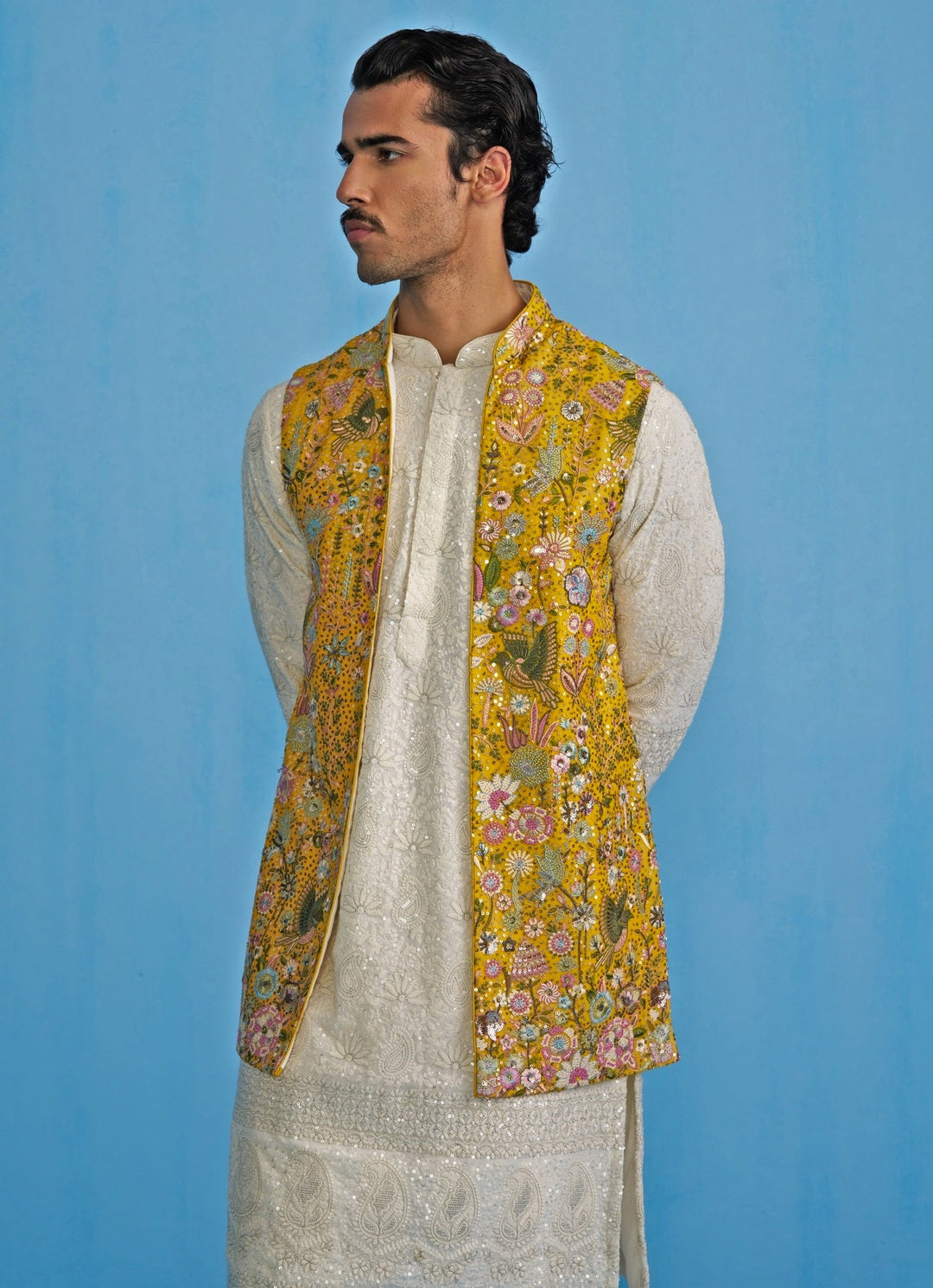 Yellow And White Embroidered Georgette Kurta Jacket Set Kalpraag - Fabilicious Fashion