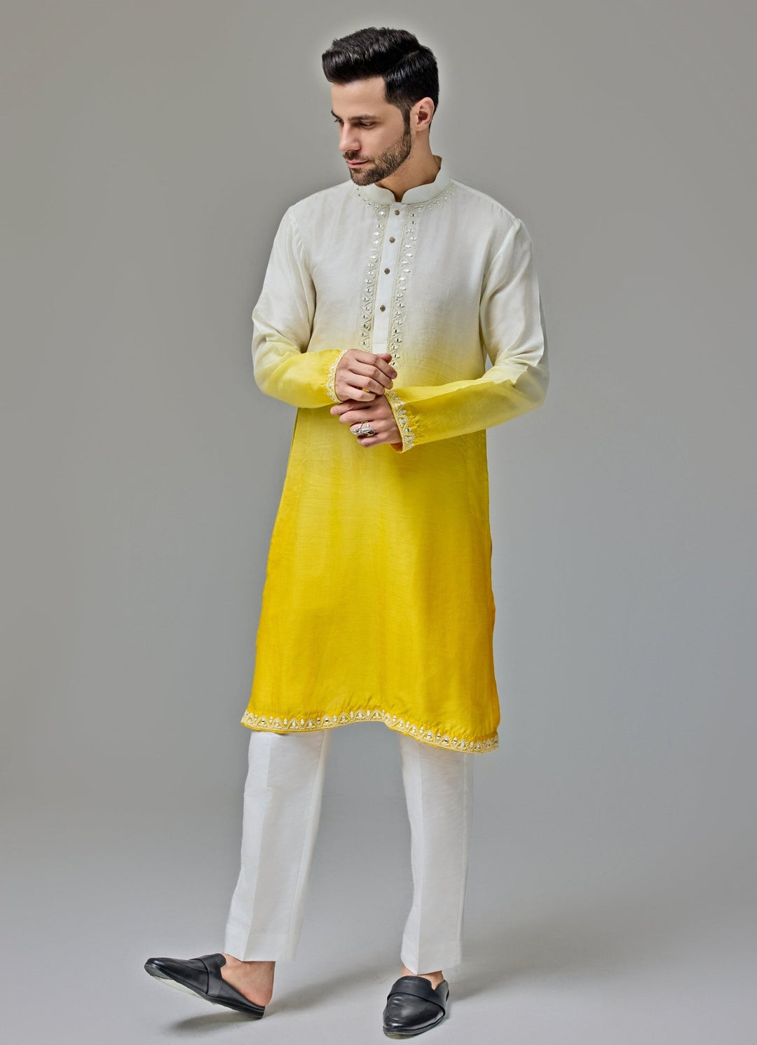Yellow And White Ombre Mirror Embroidery Kurta Set Chatenya Mittal - Fabilicious Fashion