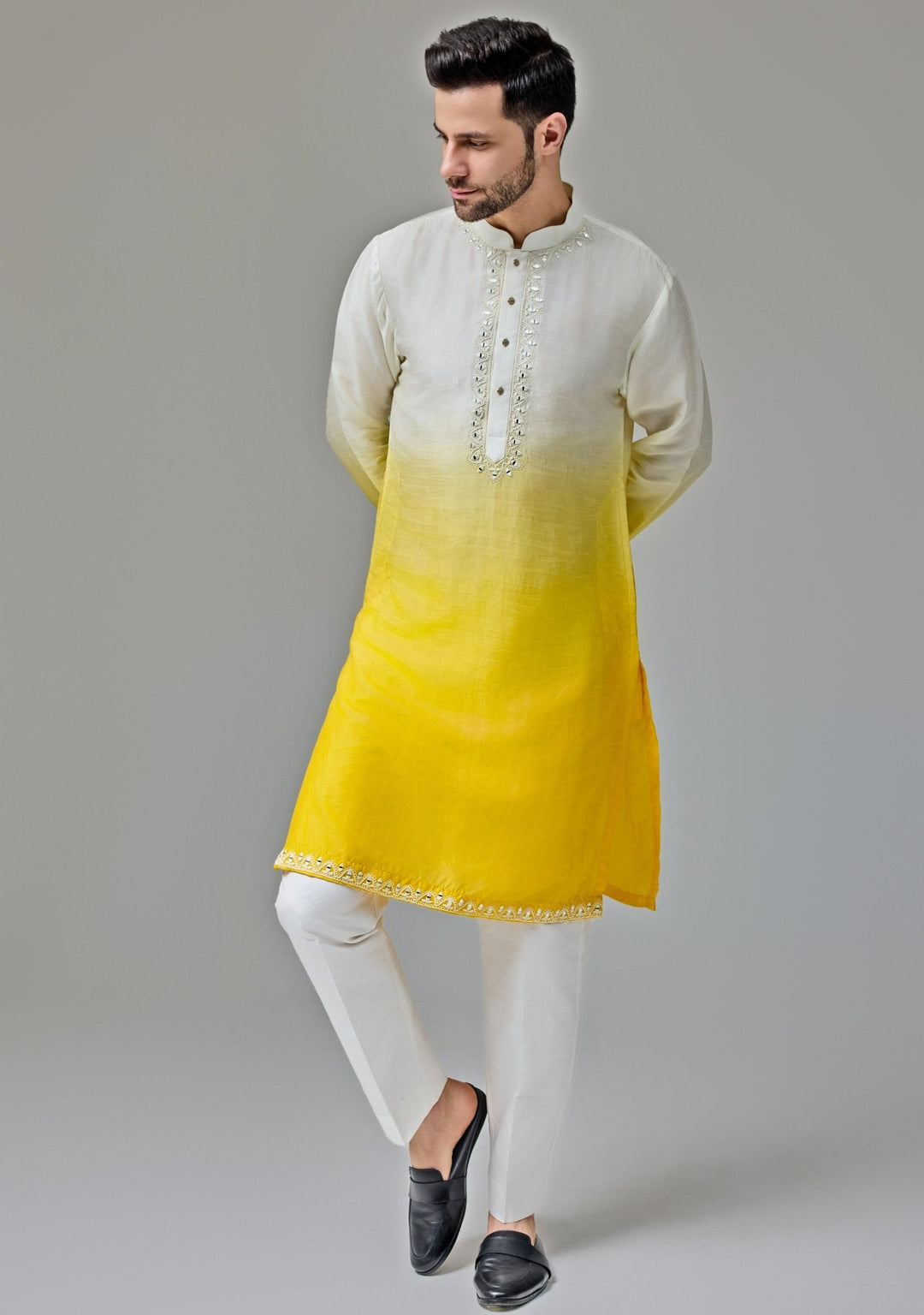 Yellow And White Ombre Mirror Embroidery Kurta Set Chatenya Mittal - Fabilicious Fashion
