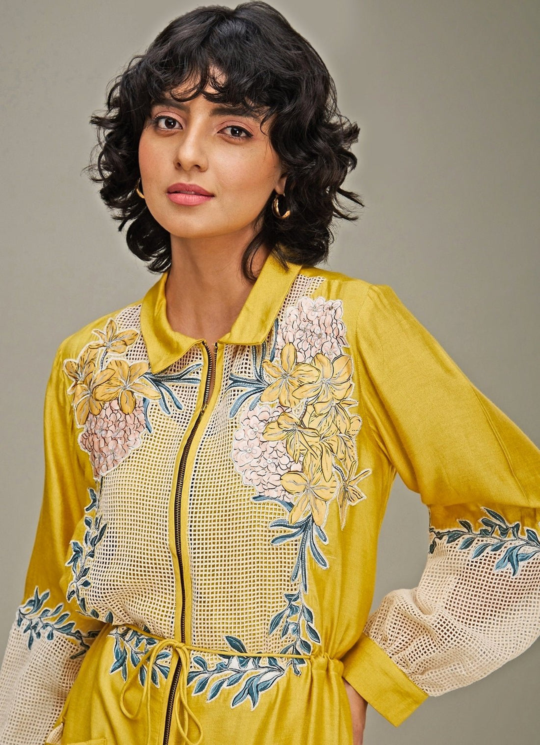 Yellow Applique And Floral Embroidery Collar Dress Soup By Sougat Paul - Fabilicious Fashion