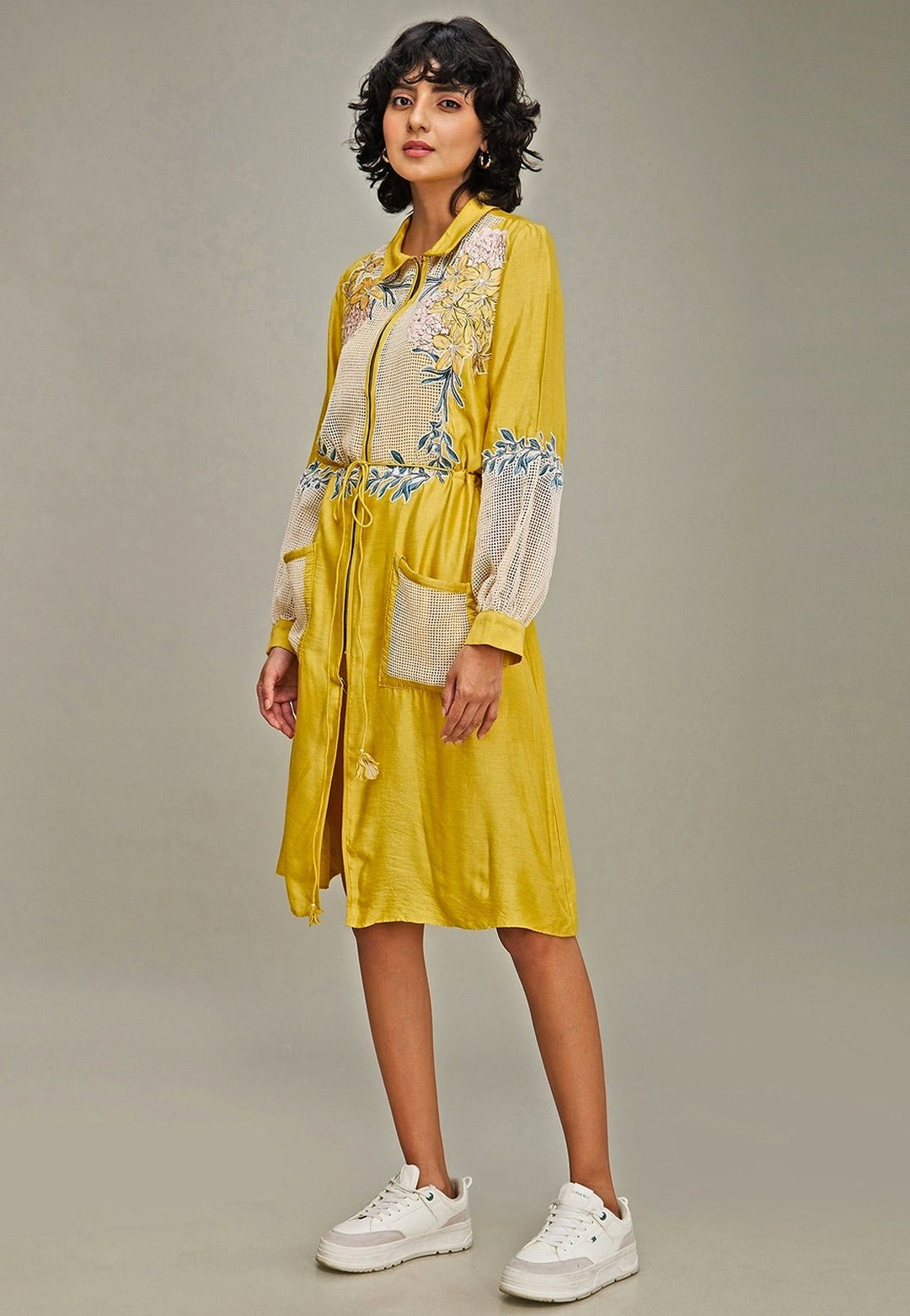 Yellow Applique And Floral Embroidery Collar Dress Soup By Sougat Paul - Fabilicious Fashion