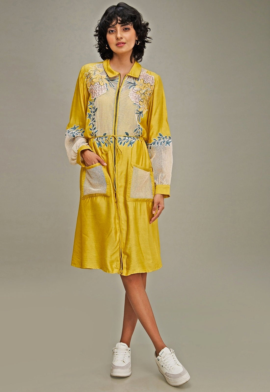 Yellow Applique And Floral Embroidery Collar Dress Soup By Sougat Paul - Fabilicious Fashion