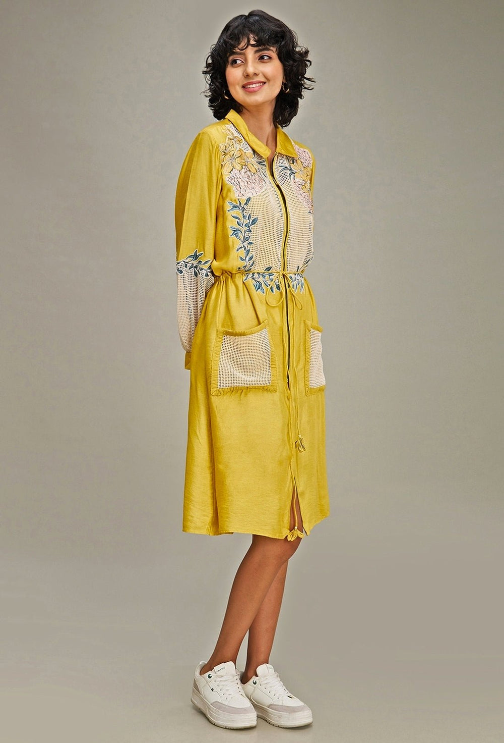 Yellow Applique And Floral Embroidery Collar Dress Soup By Sougat Paul - Fabilicious Fashion