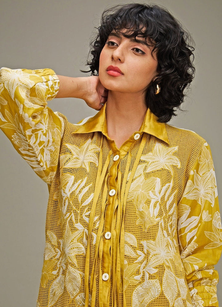 Yellow Applique And Floral Embroidery Shirt Dress Soup By Sougat Paul - Fabilicious Fashion