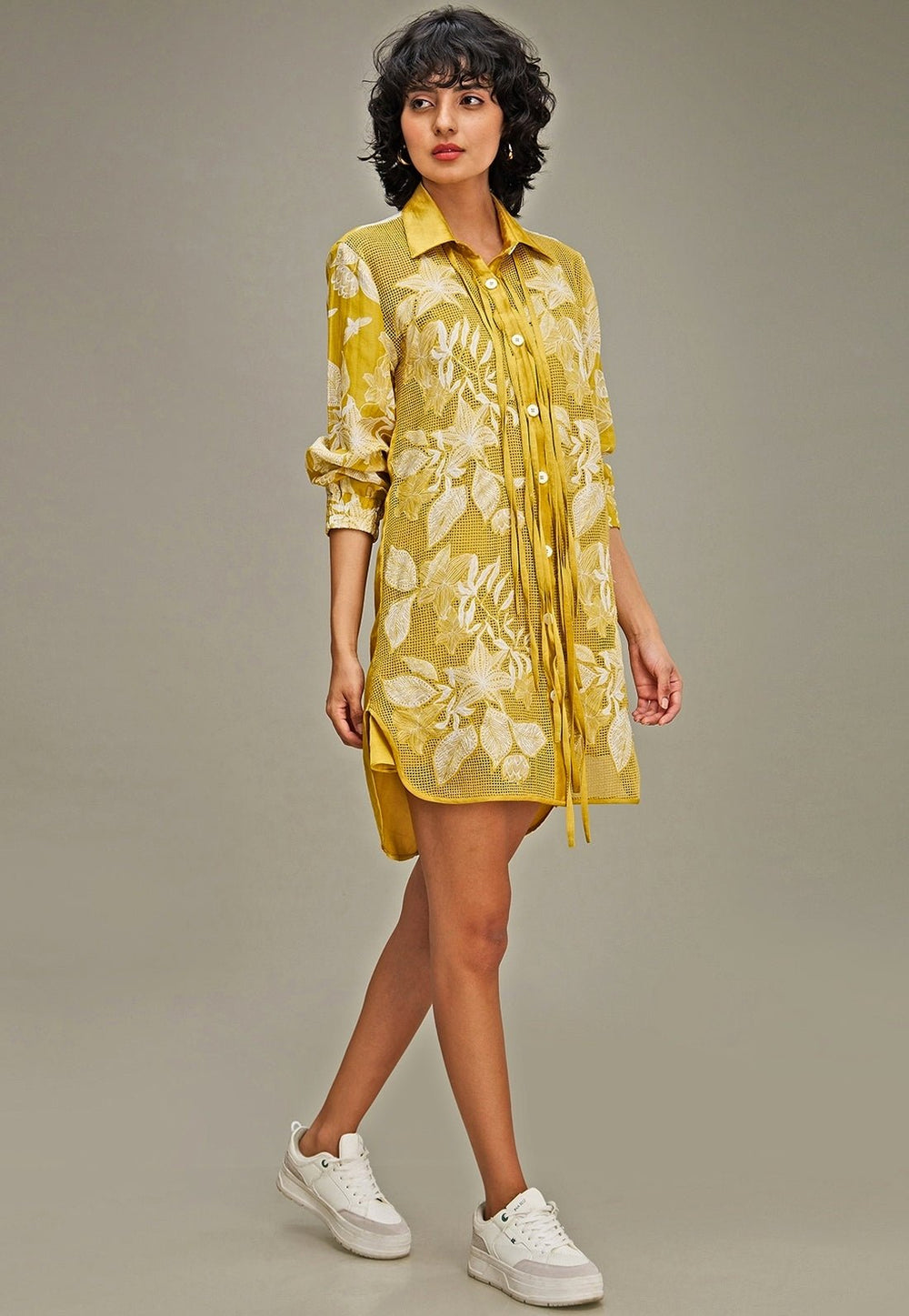 Yellow Applique And Floral Embroidery Shirt Dress Soup By Sougat Paul - Fabilicious Fashion