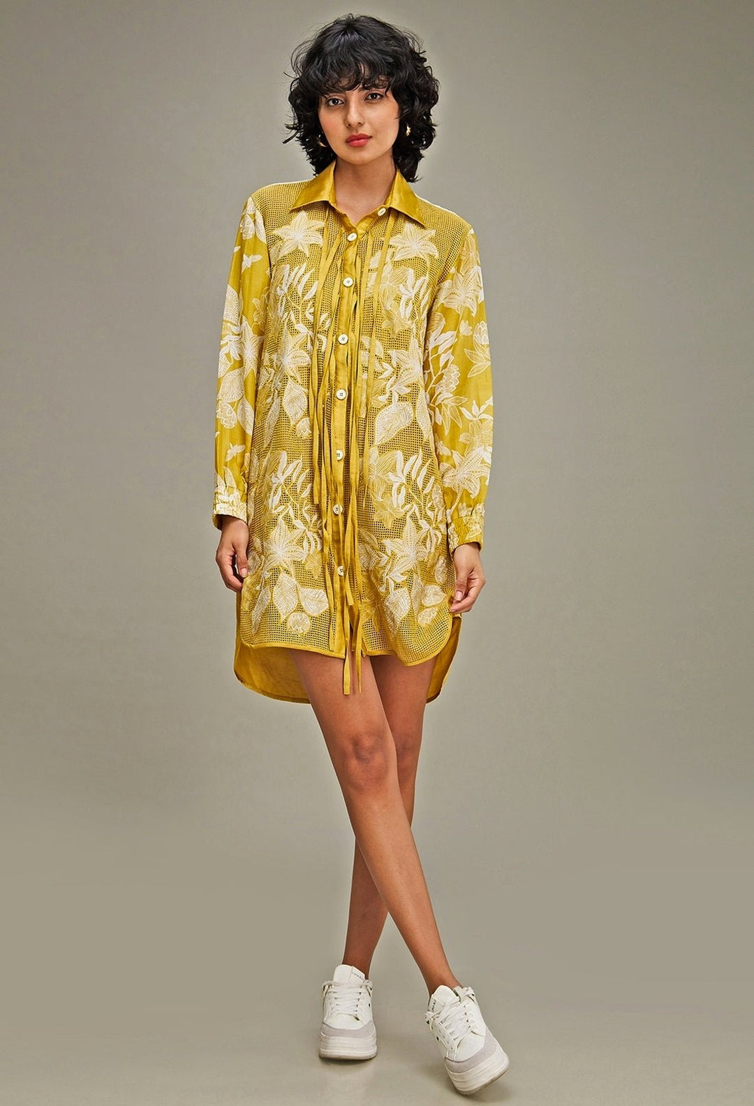 Yellow Applique And Floral Embroidery Shirt Dress Soup By Sougat Paul - Fabilicious Fashion