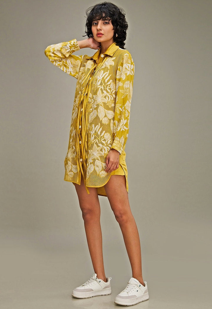 Yellow Applique And Floral Embroidery Shirt Dress Soup By Sougat Paul - Fabilicious Fashion