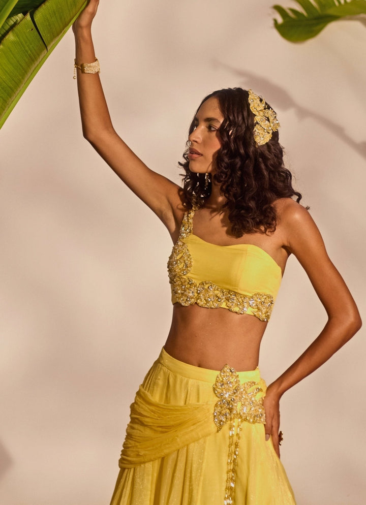 Yellow Appliqué Cowl Lehenga Set Silky Bindra - Fabilicious Fashion
