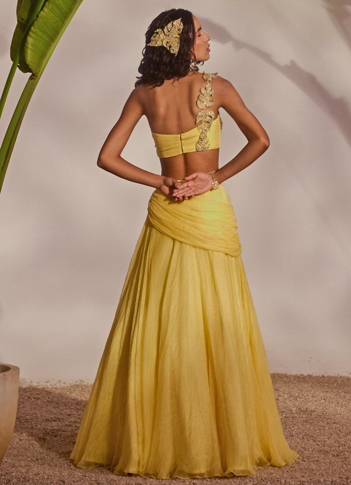 Yellow Appliqué Cowl Lehenga Set Silky Bindra - Fabilicious Fashion