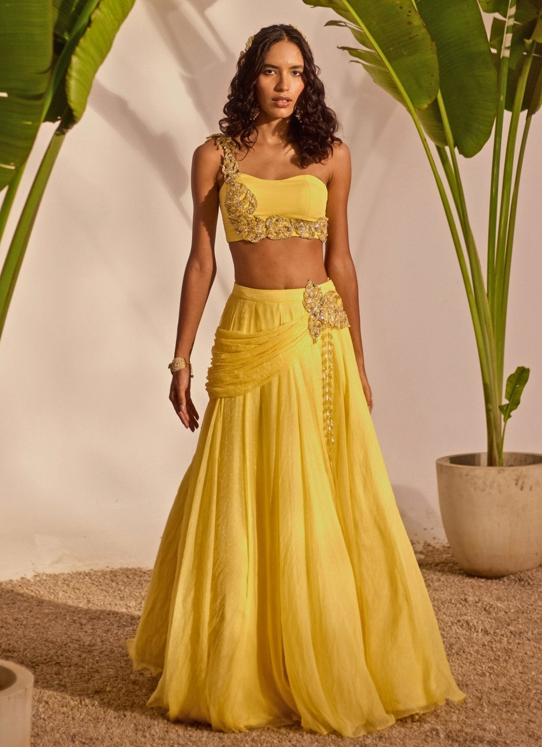 Yellow Appliqué Cowl Lehenga Set Silky Bindra - Fabilicious Fashion