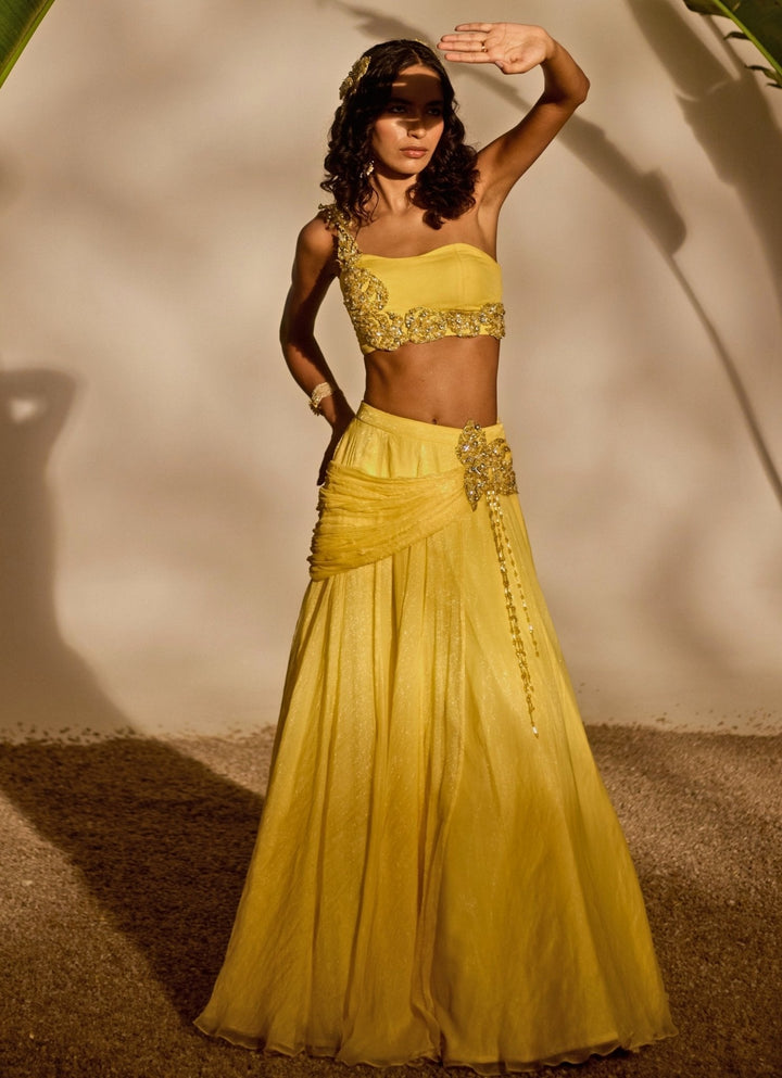 Yellow Appliqué Cowl Lehenga Set Silky Bindra - Fabilicious Fashion