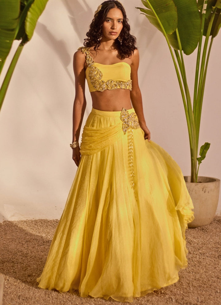 Yellow Appliqué Cowl Lehenga Set Silky Bindra - Fabilicious Fashion