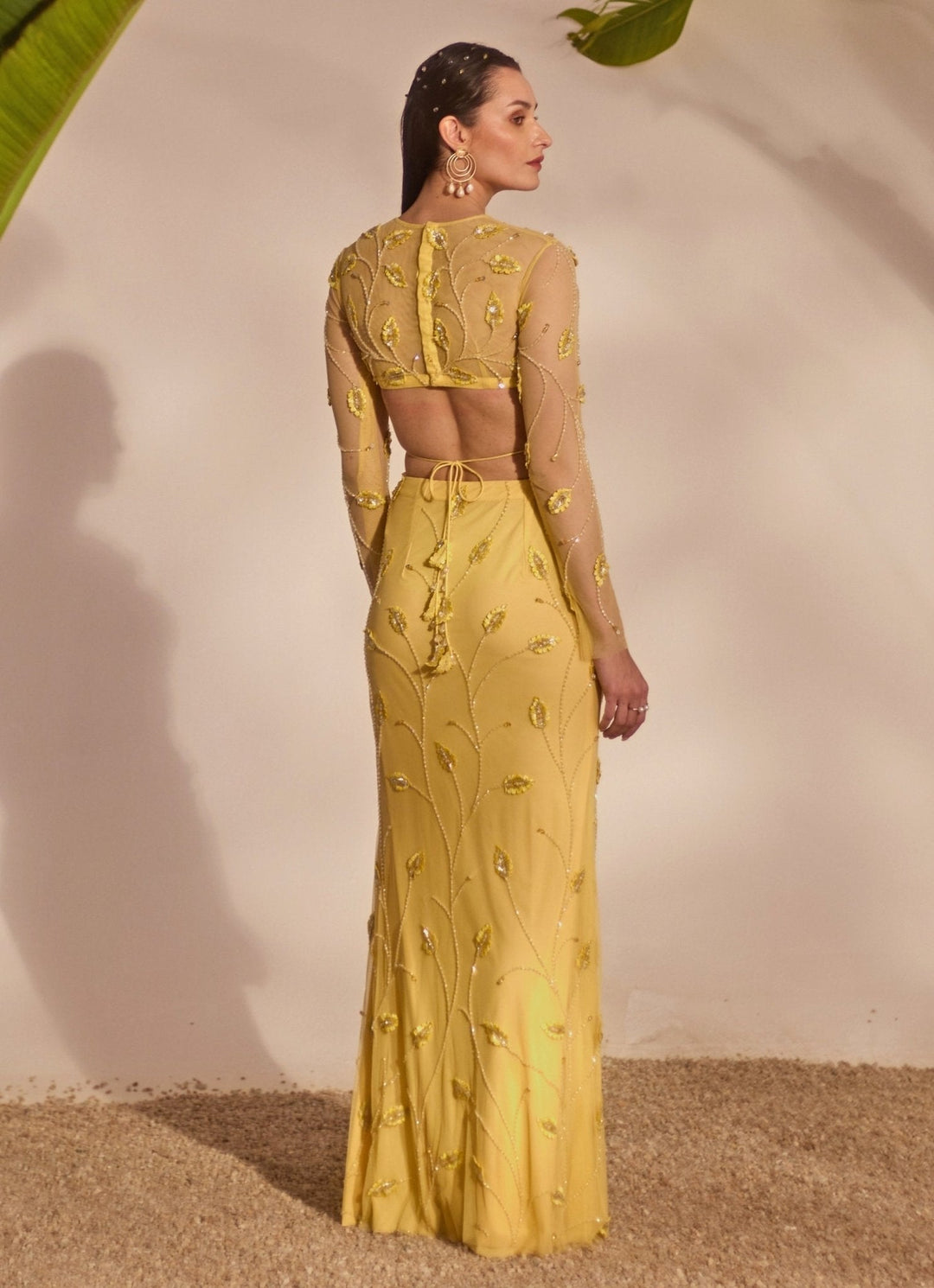 Yellow Appliqué Embroidered Skirt Set Silky Bindra - Fabilicious Fashion