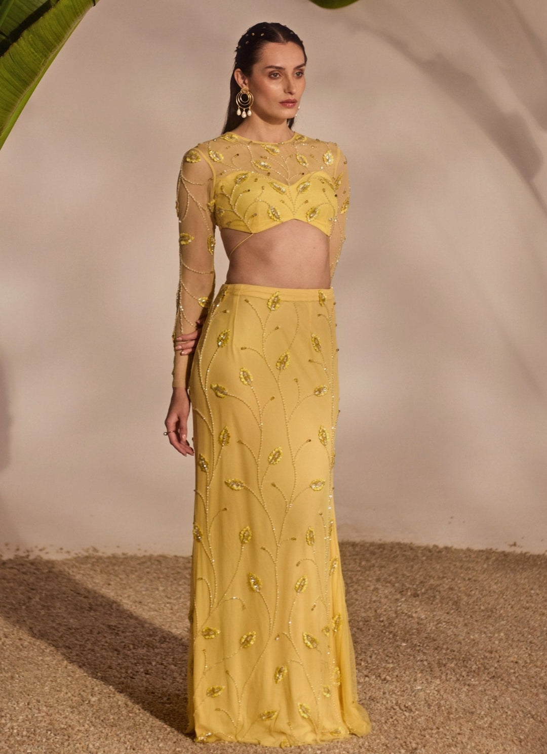 Yellow Appliqué Embroidered Skirt Set Silky Bindra - Fabilicious Fashion