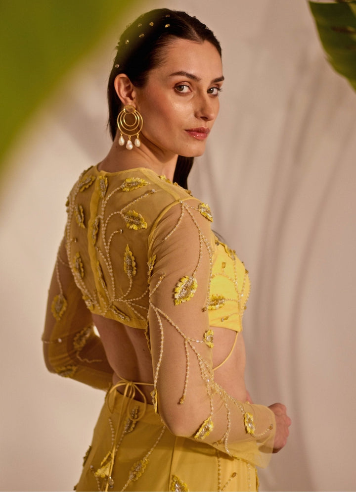 Yellow Appliqué Embroidered Skirt Set Silky Bindra - Fabilicious Fashion