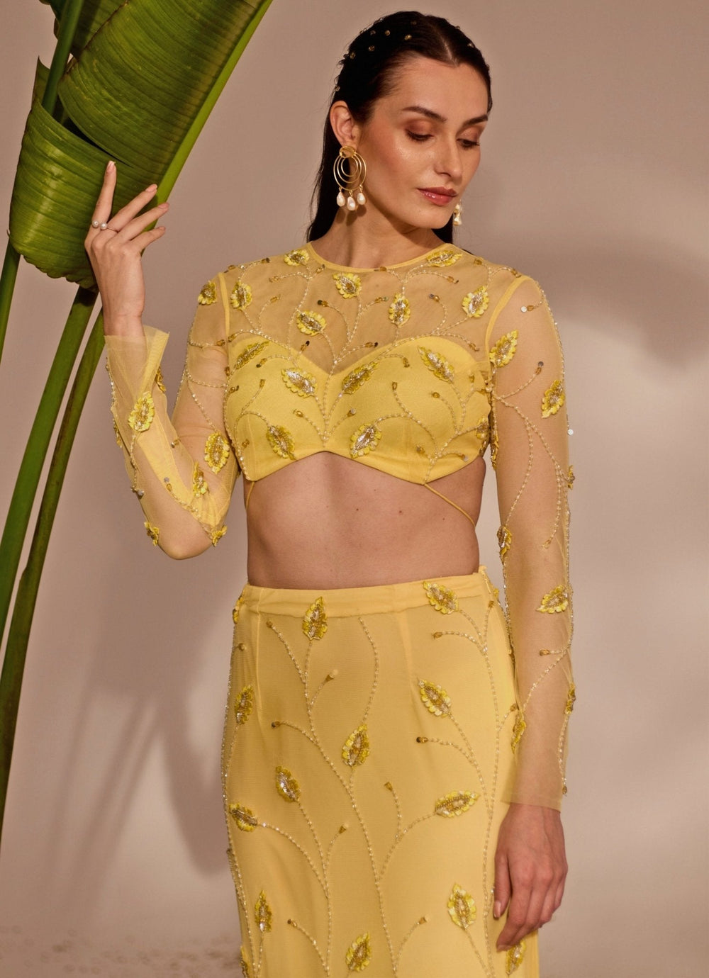 Yellow Appliqué Embroidered Skirt Set Silky Bindra - Fabilicious Fashion