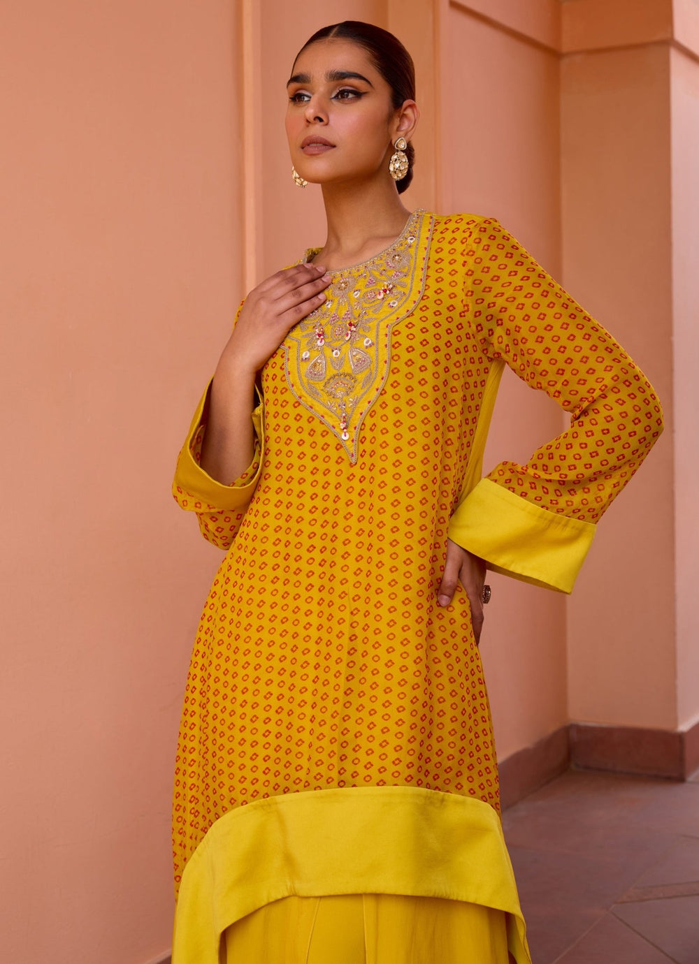 Yellow Bandhani Layered Embroidered Kurta Set Isha Gupta Tayal - Fabilicious Fashion