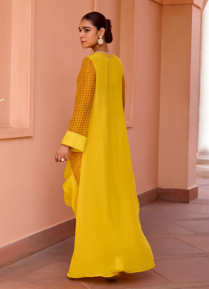 Yellow Bandhani Layered Embroidered Kurta Set Isha Gupta Tayal - Fabilicious Fashion