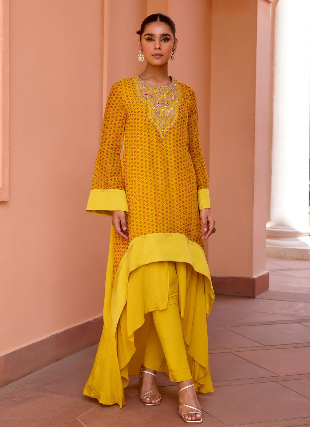 Yellow Bandhani Layered Embroidered Kurta Set Isha Gupta Tayal - Fabilicious Fashion