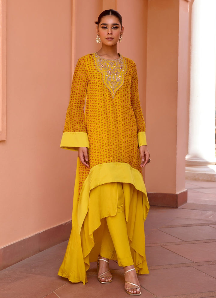 Yellow Bandhani Layered Embroidered Kurta Set Isha Gupta Tayal - Fabilicious Fashion