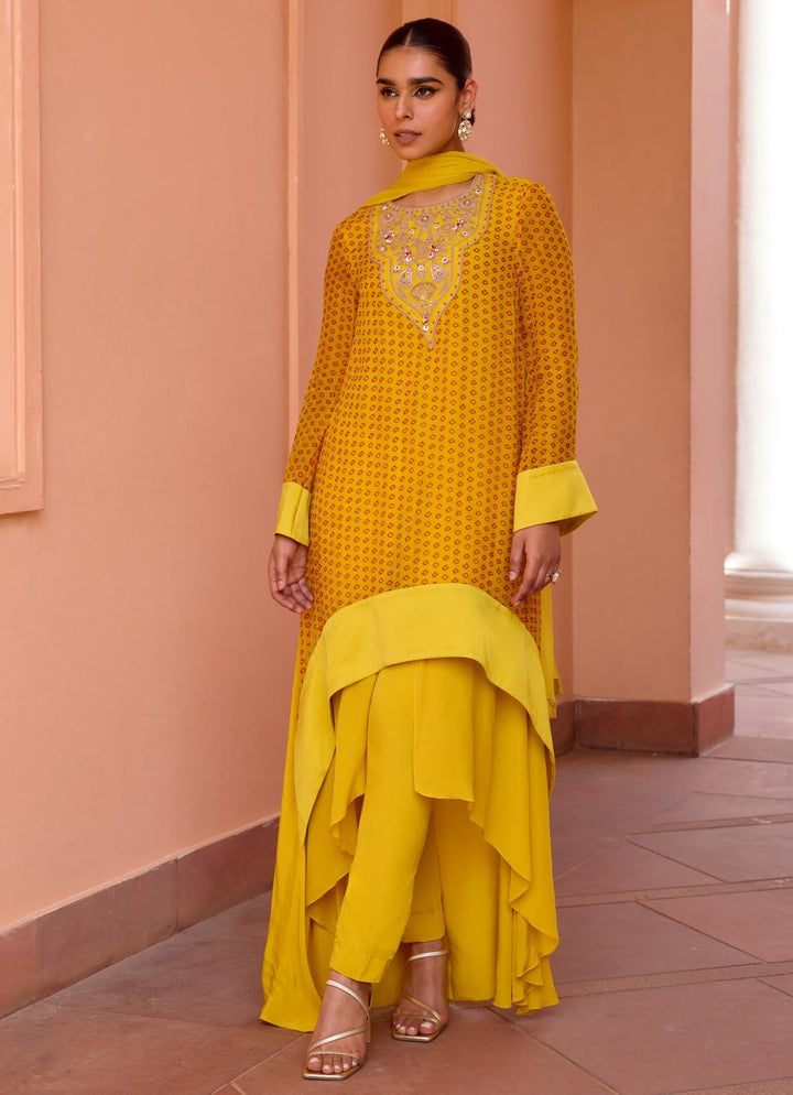 Yellow Bandhani Layered Embroidered Kurta Set Isha Gupta Tayal - Fabilicious Fashion