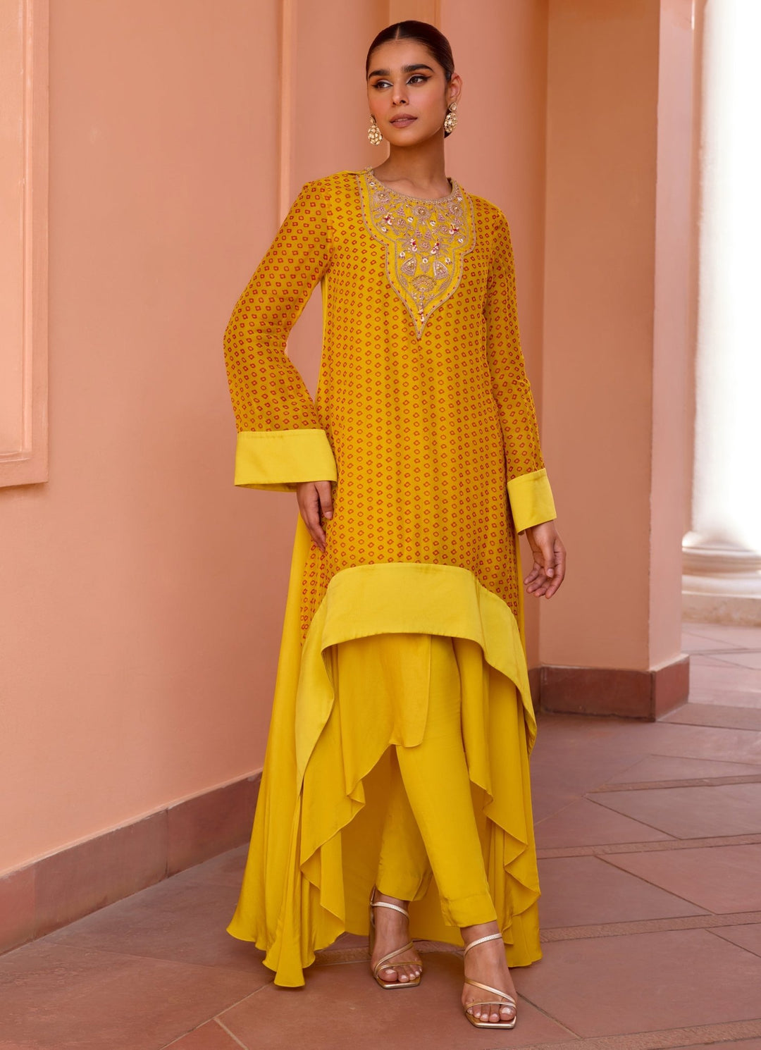 Yellow Bandhani Layered Embroidered Kurta Set Isha Gupta Tayal - Fabilicious Fashion