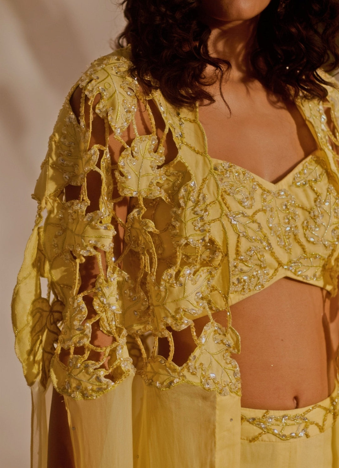 Yellow Blouse Gharara Set With Cape Silky Bindra - Fabilicious Fashion