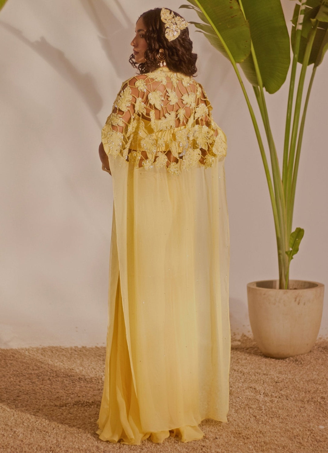 Yellow Blouse Gharara Set With Cape Silky Bindra - Fabilicious Fashion