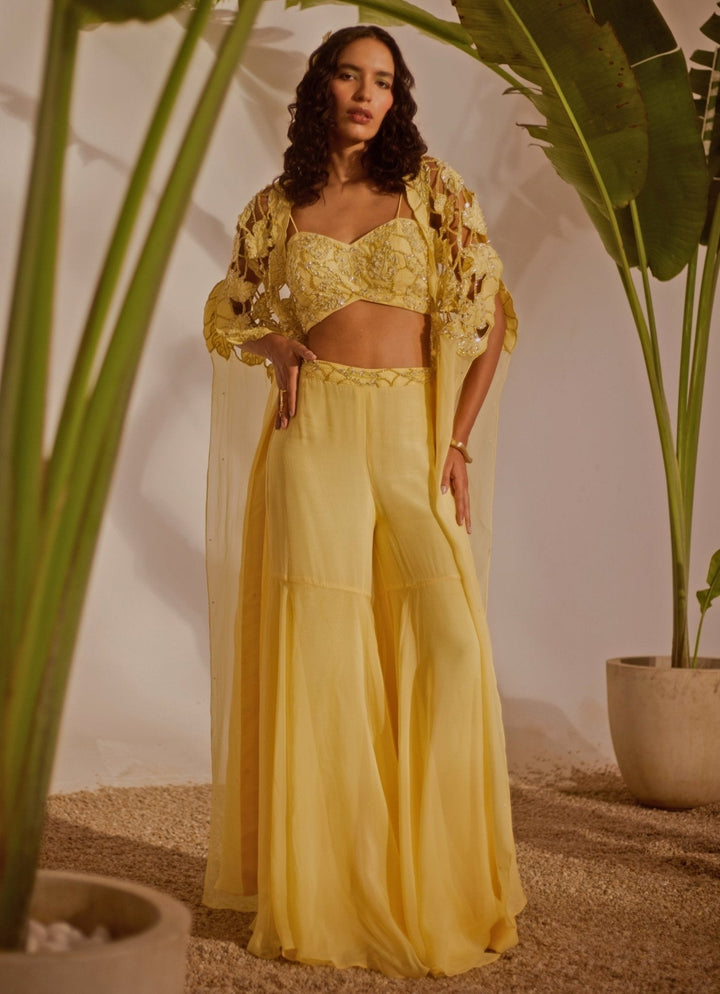 Yellow Blouse Gharara Set With Cape Silky Bindra - Fabilicious Fashion