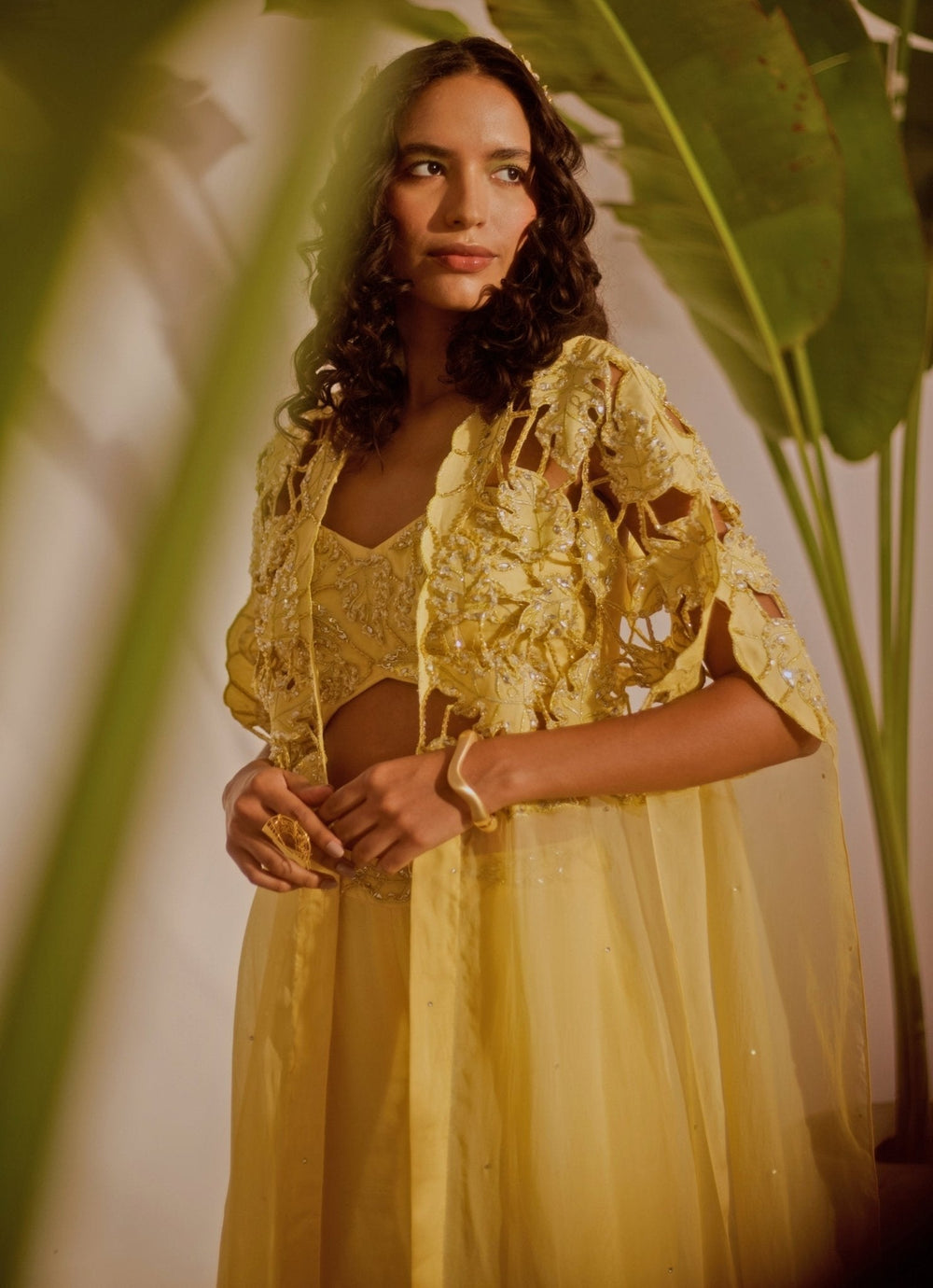 Yellow Blouse Gharara Set With Cape Silky Bindra - Fabilicious Fashion