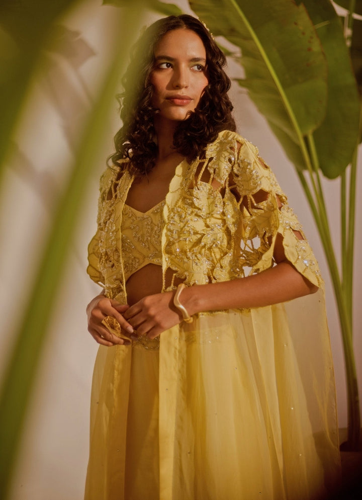 Yellow Blouse Gharara Set With Cape Silky Bindra - Fabilicious Fashion