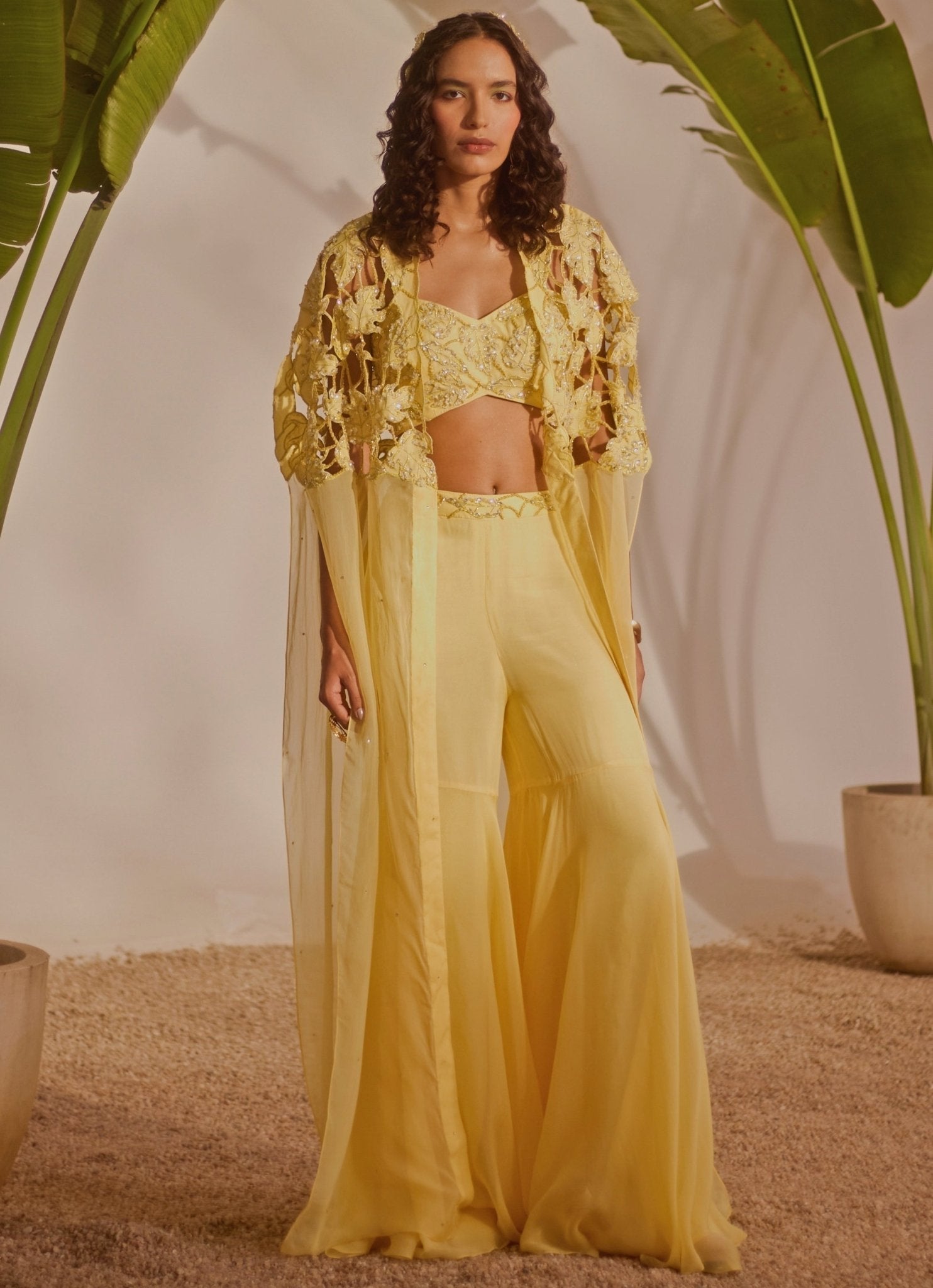 Yellow kurta gharara set with cape — indo-western outfit for haldi for bride-to-be by Silky Bindra