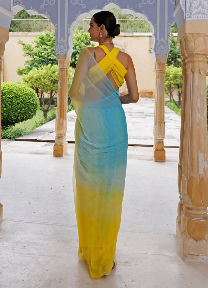 Yellow &amp; Blue Shaded Chiffon Pre - Draped Saree Set Geroo Jaipur - Fabilicious Fashion