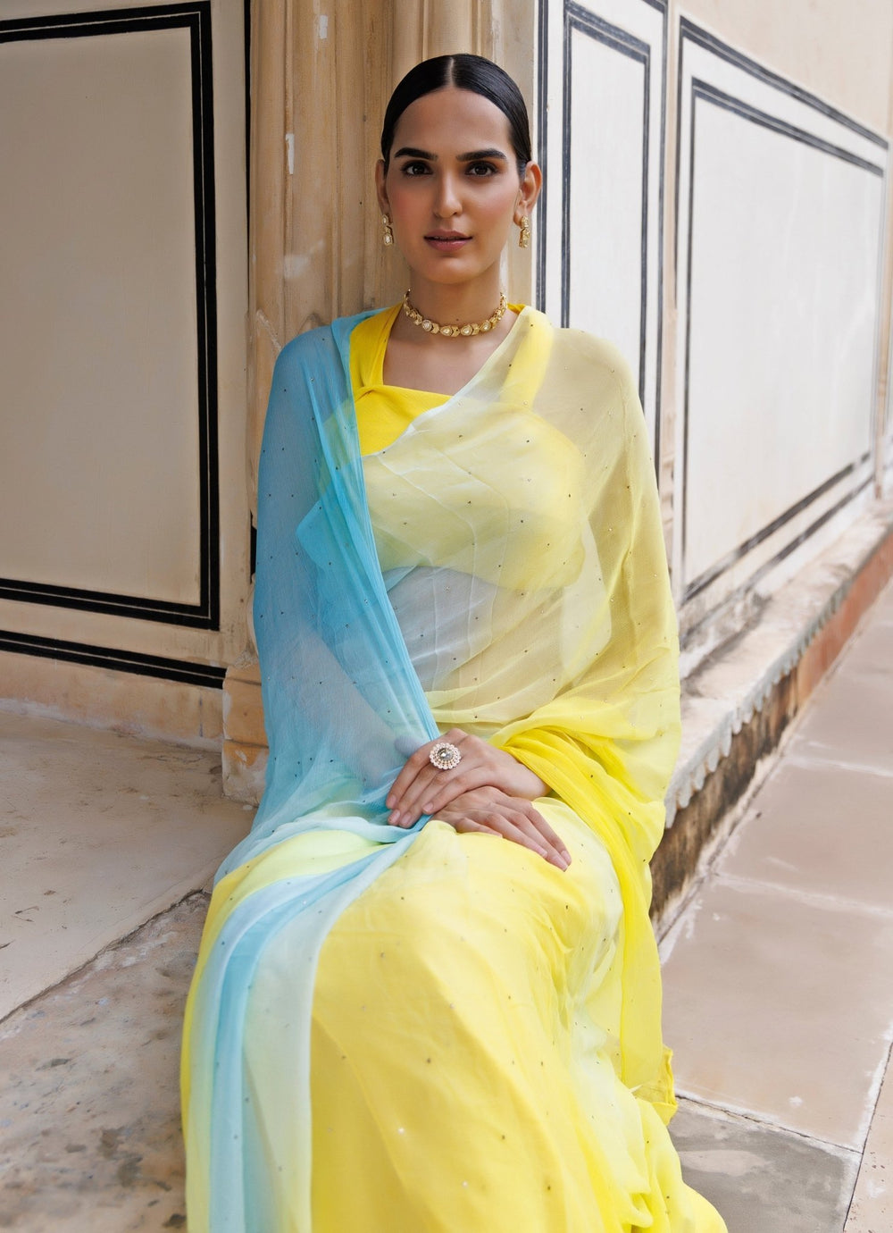 Yellow & Blue Shaded Chiffon Pre - Draped Saree Set Geroo Jaipur - Fabilicious Fashion