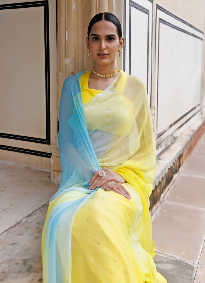 Yellow &amp; Blue Shaded Chiffon Pre - Draped Saree Set Geroo Jaipur - Fabilicious Fashion