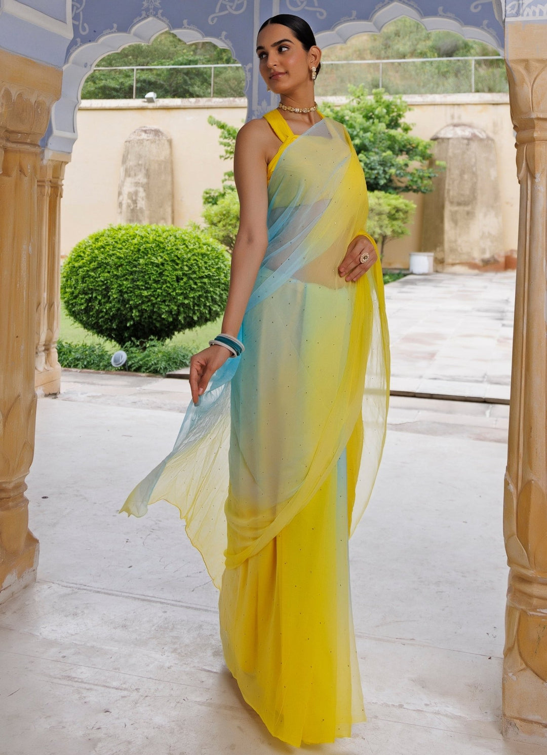 Yellow &amp; Blue Shaded Chiffon Pre - Draped Saree Set Geroo Jaipur - Fabilicious Fashion