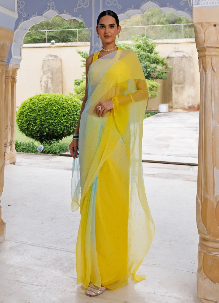 Yellow &amp; Blue Shaded Chiffon Pre - Draped Saree Set Geroo Jaipur - Fabilicious Fashion