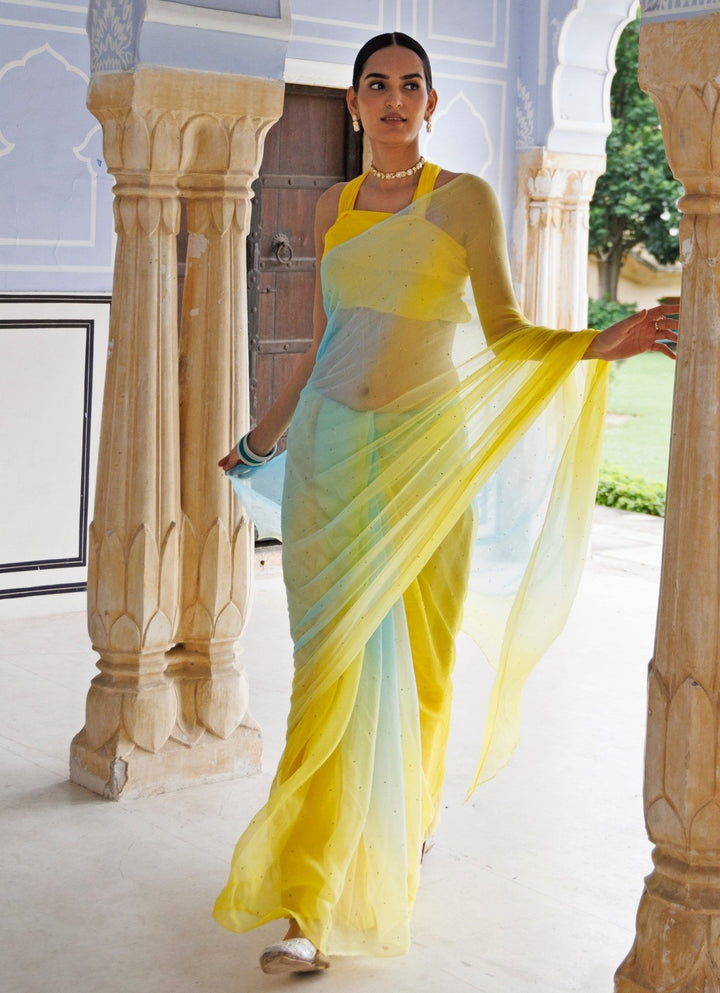 Yellow &amp; Blue Shaded Chiffon Pre - Draped Saree Set Geroo Jaipur - Fabilicious Fashion