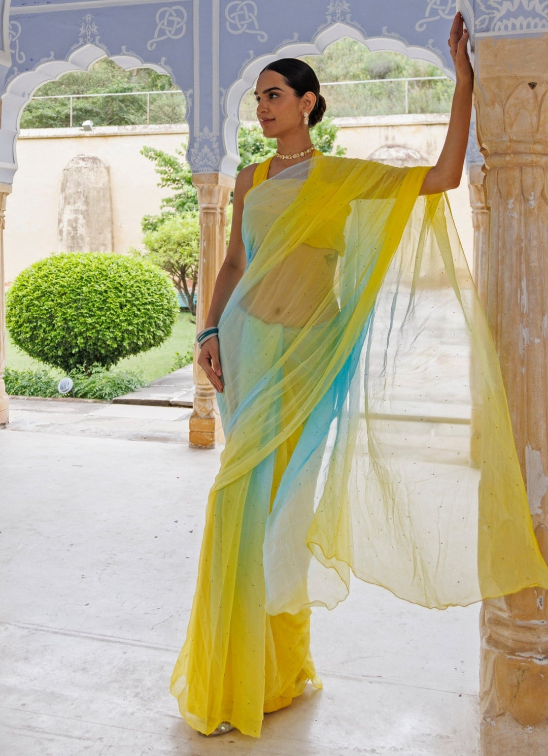 Yellow &amp; Blue Shaded Chiffon Pre - Draped Saree Set Geroo Jaipur - Fabilicious Fashion