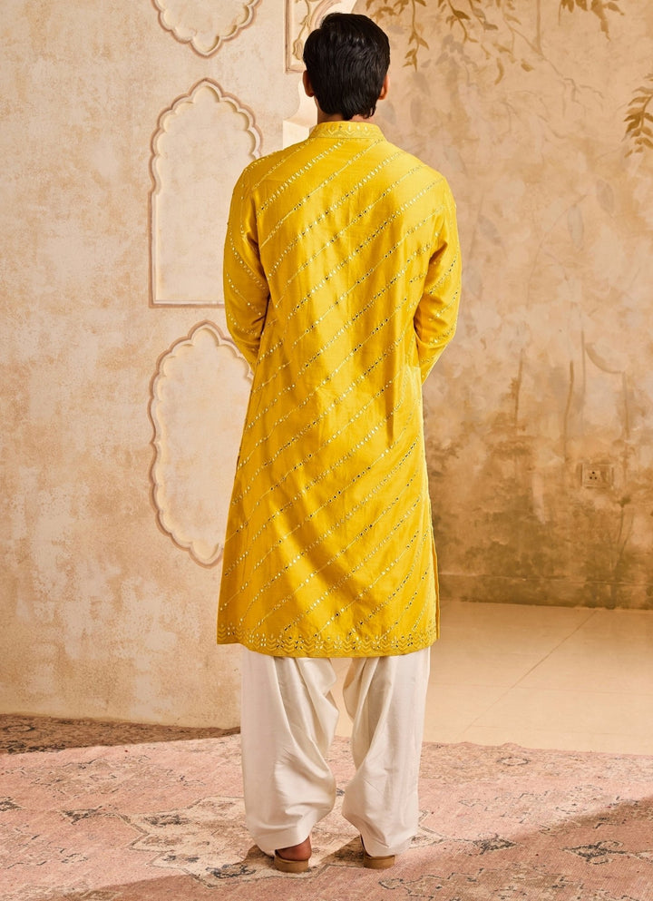 Yellow Chanderi Mirrorwork Kurta Set Nitika Gujral - Men - Fabilicious Fashion
