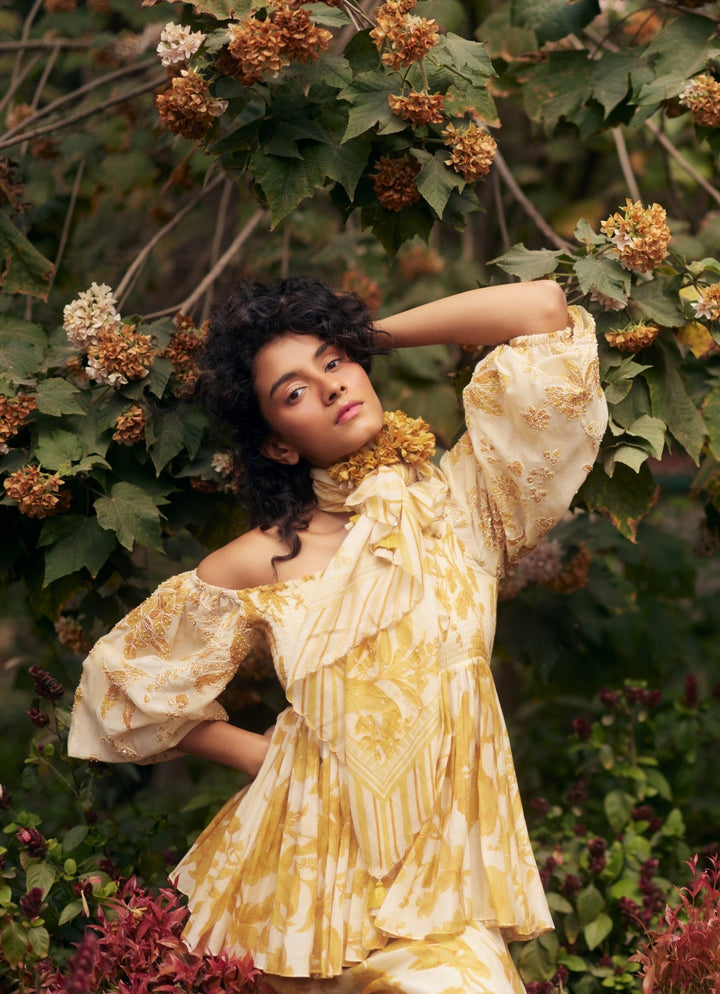 Yellow Chanderi Peplum Kurta Palazzo Set Paulmi and Harsh - Fabilicious Fashion