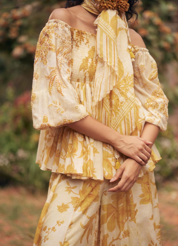 Yellow Chanderi Peplum Kurta Palazzo Set Paulmi and Harsh - Fabilicious Fashion