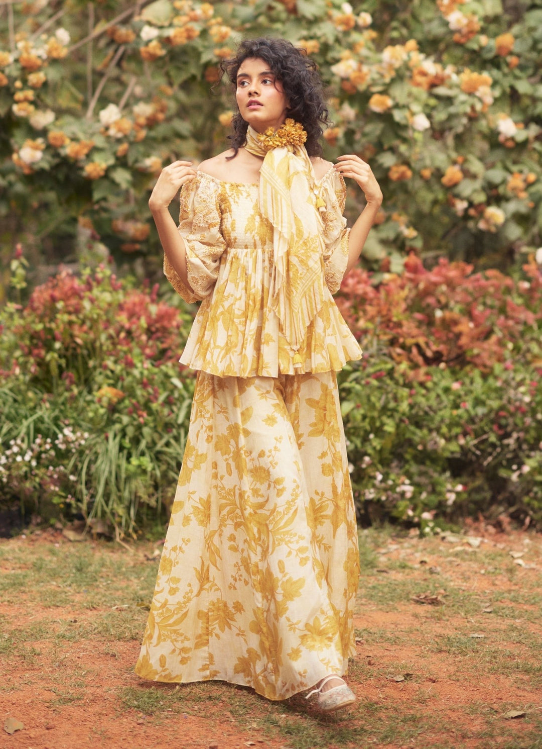 Yellow Chanderi Peplum Kurta Palazzo Set Paulmi and Harsh - Fabilicious Fashion