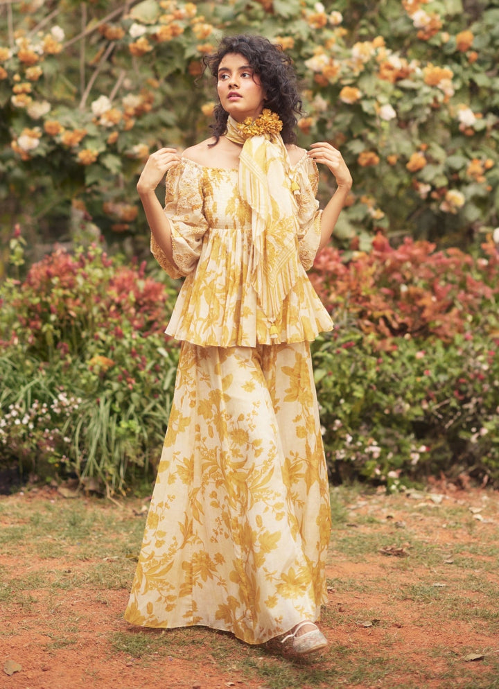 Yellow Chanderi Peplum Kurta Palazzo Set Paulmi and Harsh - Fabilicious Fashion