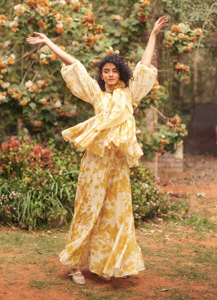 Yellow Chanderi Peplum Kurta Palazzo Set Paulmi and Harsh - Fabilicious Fashion