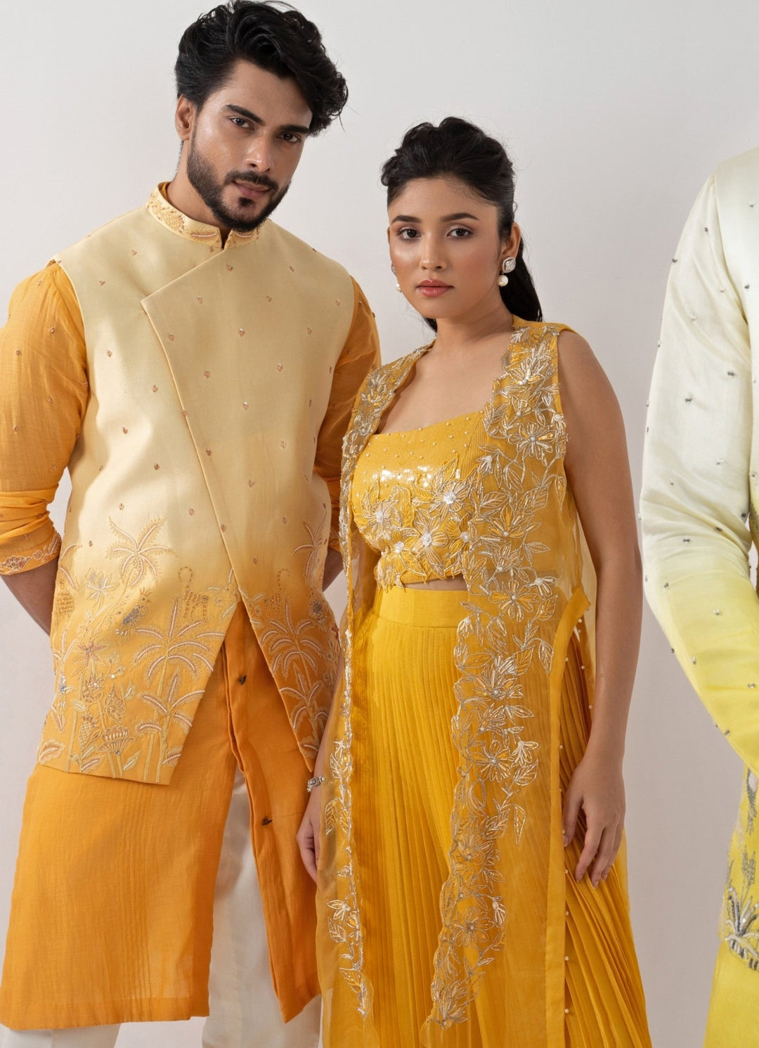 Yellow Chiffon Coord Set With Sequin Embroidered Cape Smriti - Fabilicious Fashion