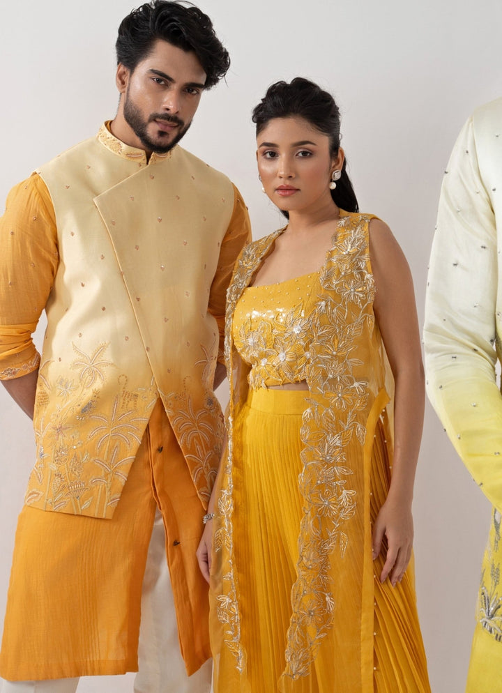 Yellow Chiffon Coord Set With Sequin Embroidered Cape Smriti - Fabilicious Fashion